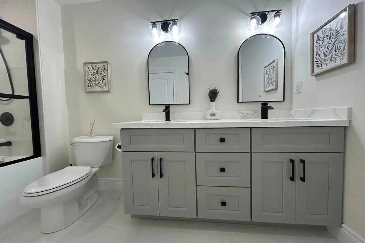 Gray double vanity mirror bathroom