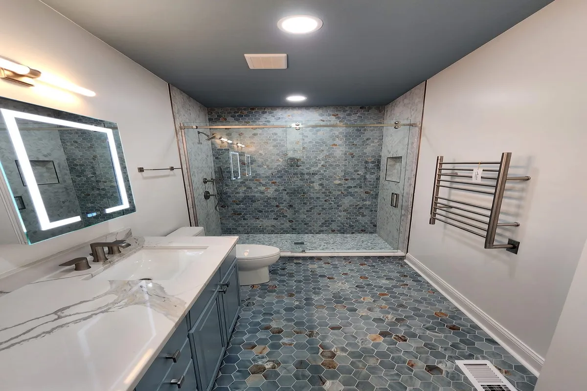 Hexagon tile blue flooring bathroom renovation