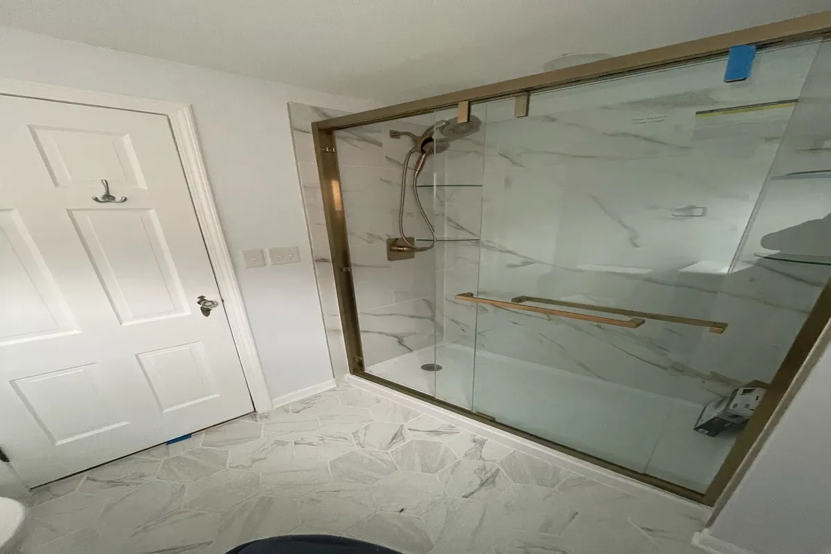 Walk in shower bronze glass remodel