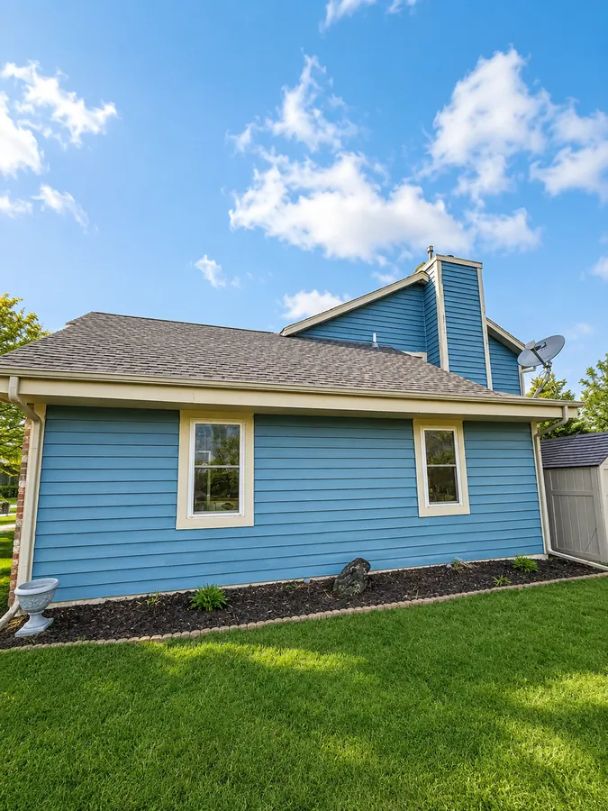 Blue home exterior with crisp white trim