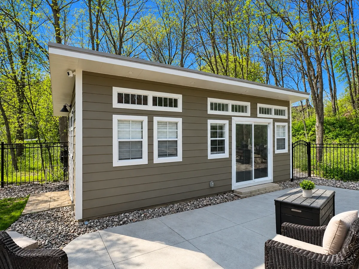 Modern gray studio exterior with patio